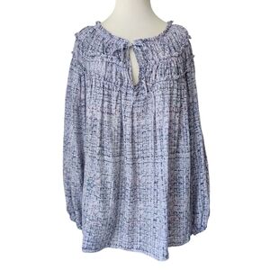 ZAC & RACHEL Woman Abstract Print Peasant Top 3X Ruffle Tie Neck Blue Pink Tunic
